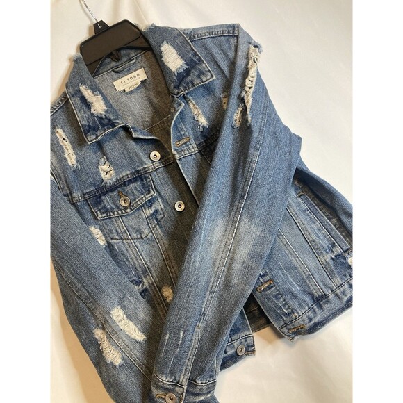 Boho Denim Jacket M Blue Jean Distressed Grunge Y2K Staple CI SONO - Picture 5 of 11